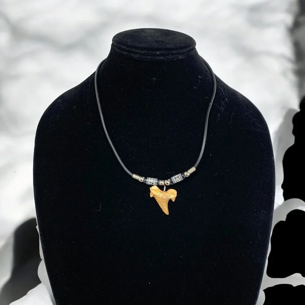Shark Tooth Pendant Necklace W/ Black Cord & Boho Tribal Beads 20